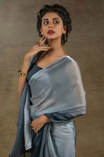 pre-stitched grey satin silk saree with matching blouse piece