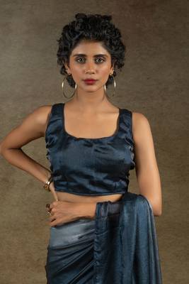 pre-stitched grey satin silk saree with matching blouse piece 6
