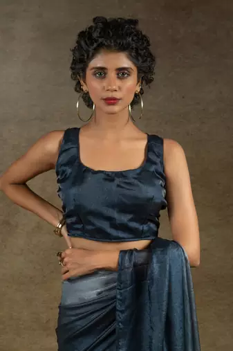 pre-stitched grey satin silk saree with matching blouse piece