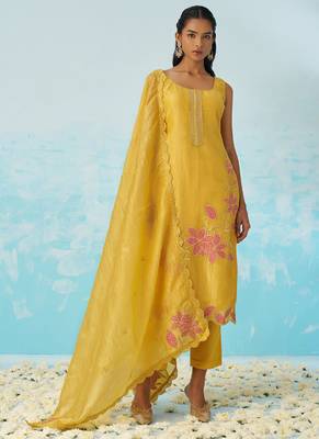Yellow silk embroidered deigner salwar suuit 1