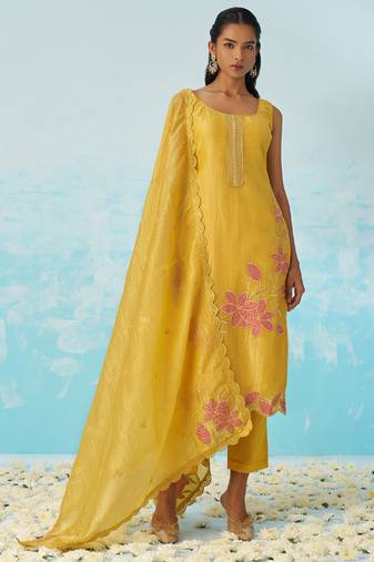 Yellow silk embroidered deigner salwar suuit