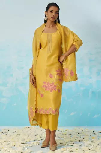 Yellow silk embroidered deigner salwar suuit