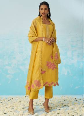 Yellow silk embroidered deigner salwar suuit 3