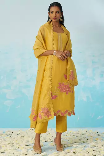 Yellow silk embroidered deigner salwar suuit