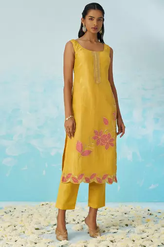 Yellow silk embroidered deigner salwar suuit