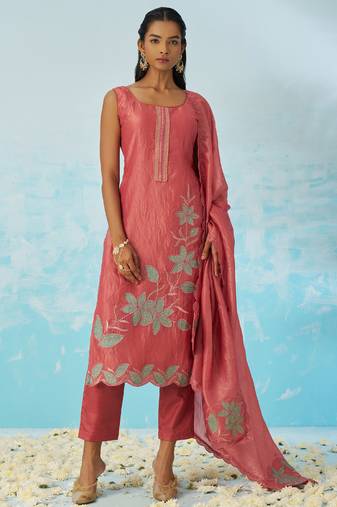 Blush red silk embroidered deigner salwar suuit