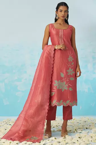 Blush red silk embroidered deigner salwar suuit