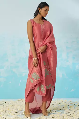 Blush red silk embroidered deigner salwar suuit
