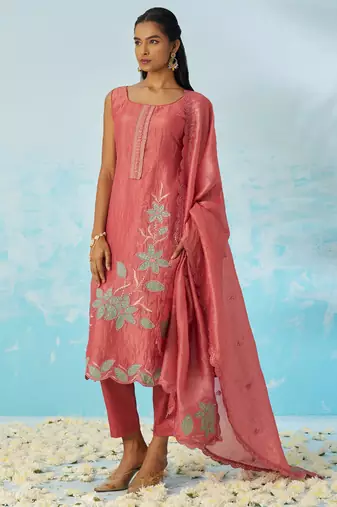 Blush red silk embroidered deigner salwar suuit