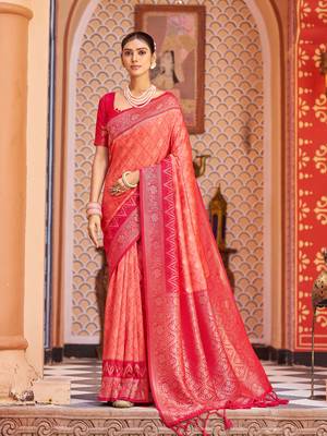 Pink Banarasi Style Soft Silk blend Zari Border & Threads work Saree With Blouse 1