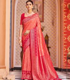 Pink Banarasi Style Soft Silk blend Zari Border & Threads work Saree With Blouse