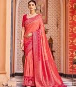 Pink Banarasi Style Soft Silk blend Zari Border & Threads work Saree With Blouse