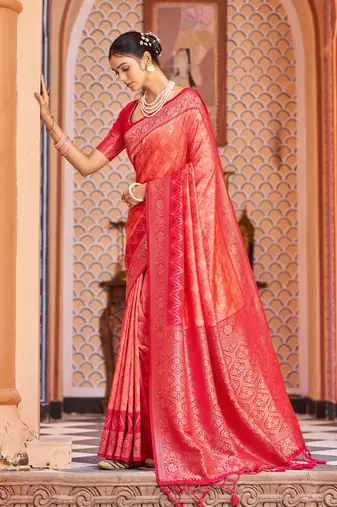 Pink Banarasi Style Soft Silk blend Zari Border & Threads work Saree With Blouse