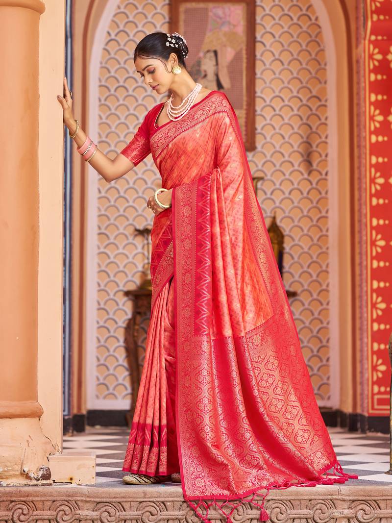 Pink Banarasi Style Soft Silk blend Zari Border & Threads work Saree With Blouse