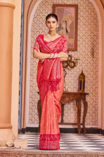 Pink Banarasi Style Soft Silk blend Zari Border & Threads work Saree With Blouse