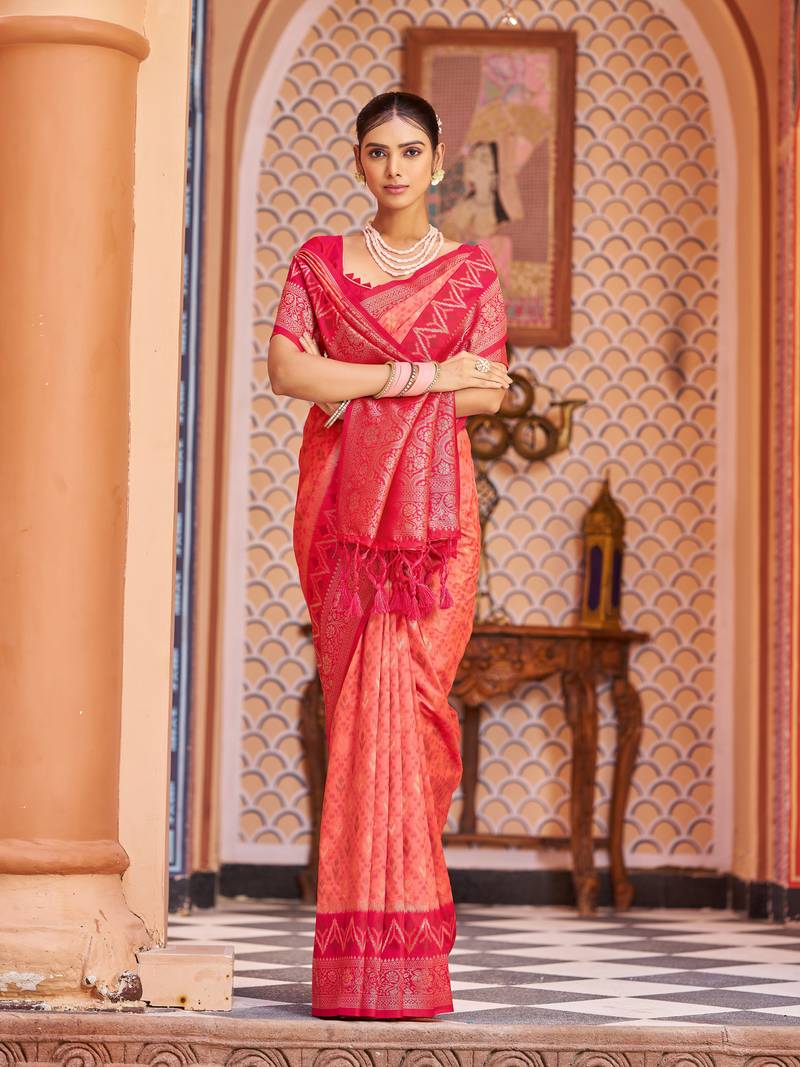 Pink Banarasi Style Soft Silk blend Zari Border & Threads work Saree With Blouse