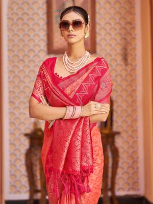 Pink Banarasi Style Soft Silk blend Zari Border & Threads work Saree With Blouse 4
