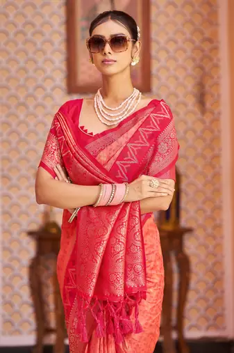 Pink Banarasi Style Soft Silk blend Zari Border & Threads work Saree With Blouse