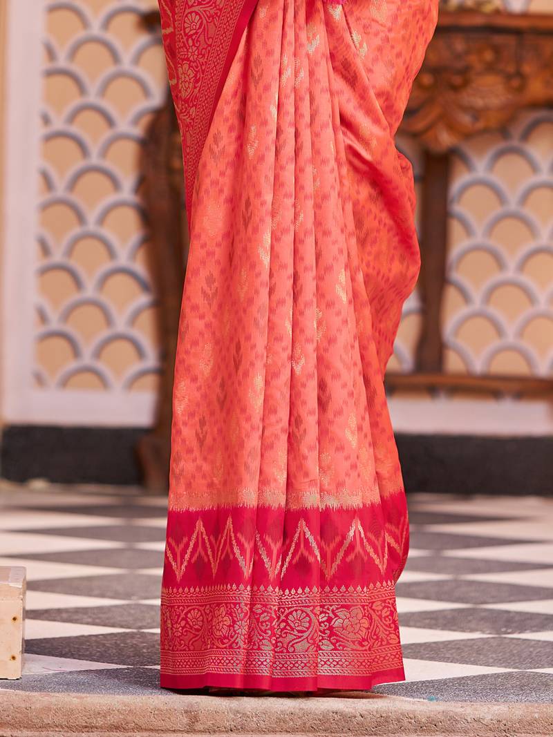 Pink Banarasi Style Soft Silk blend Zari Border & Threads work Saree With Blouse