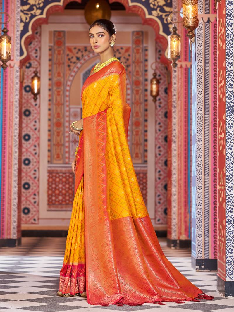 Orange Banarasi Style Soft Silk blend Zari Border & Threads work Saree With Blouse