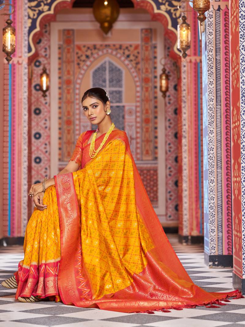 Orange Banarasi Style Soft Silk blend Zari Border & Threads work Saree With Blouse