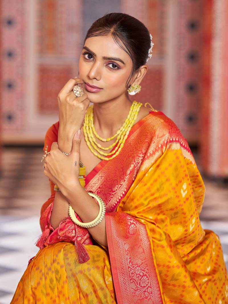 Orange Banarasi Style Soft Silk blend Zari Border & Threads work Saree With Blouse