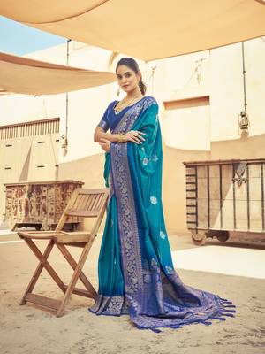 Teal Elegant Silk Blend Festive Wear Thread Work Beautiful Border Saree With Blouse 1
