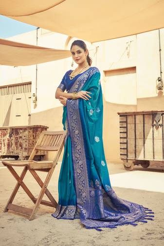 Teal Elegant Silk Blend Festive Wear Thread Work Beautiful Border Saree With Blouse