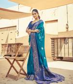 Teal Elegant Silk Blend Festive Wear Thread Work Beautiful Border Saree With Blouse