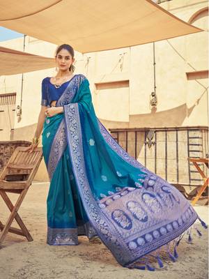 Teal Elegant Silk Blend Festive Wear Thread Work Beautiful Border Saree With Blouse 2