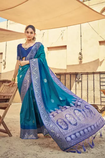 Teal Elegant Silk Blend Festive Wear Thread Work Beautiful Border Saree With Blouse