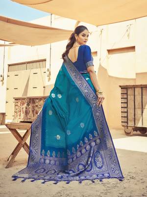 Teal Elegant Silk Blend Festive Wear Thread Work Beautiful Border Saree With Blouse 4