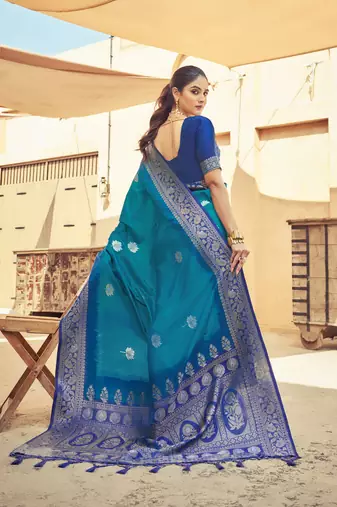 Teal Elegant Silk Blend Festive Wear Thread Work Beautiful Border Saree With Blouse