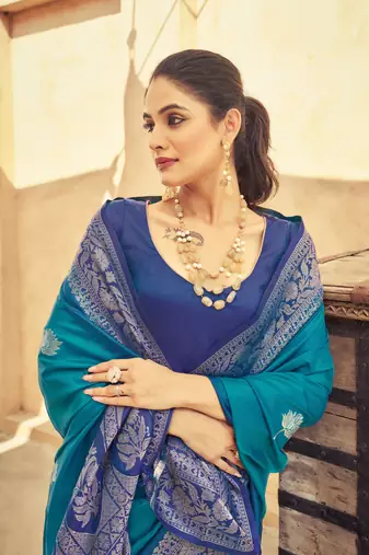 Teal Elegant Silk Blend Festive Wear Thread Work Beautiful Border Saree With Blouse