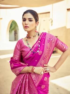 Pink Elegant Silk Blend Festive Wear Thread Work Beautiful Border Saree With Blouse 3
