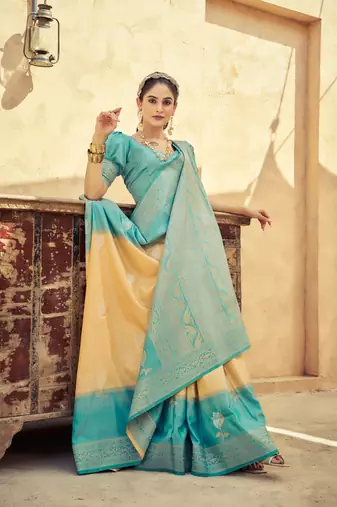 Yellow Elegant Silk Blend Festive Wear Thread Work Beautiful Border Saree With Blouse