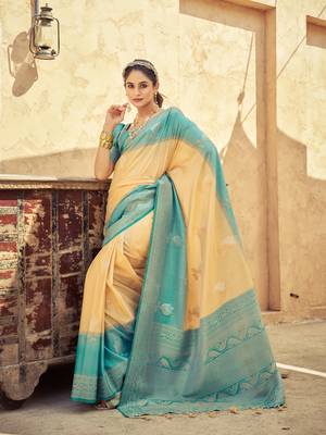 Yellow Elegant Silk Blend Festive Wear Thread Work Beautiful Border Saree With Blouse 3