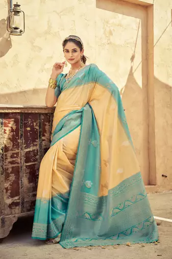 Yellow Elegant Silk Blend Festive Wear Thread Work Beautiful Border Saree With Blouse
