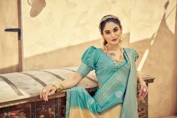 Yellow Elegant Silk Blend Festive Wear Thread Work Beautiful Border Saree With Blouse 5