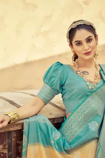 Yellow Elegant Silk Blend Festive Wear Thread Work Beautiful Border Saree With Blouse