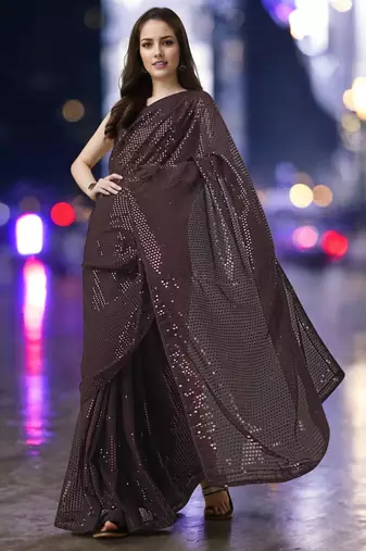brown georgette sequins work saree with unstitched blouse piece