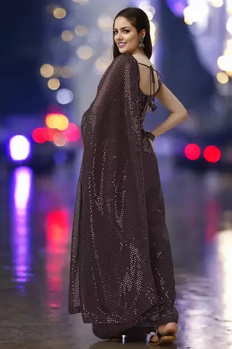 brown georgette sequins work saree with unstitched blouse piece