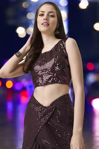 brown georgette sequins work saree with unstitched blouse piece