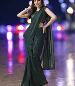 green georgette sequins work saree with unstitched blouse piece