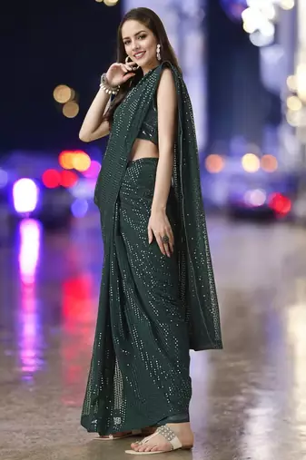 green georgette sequins work saree with unstitched blouse piece