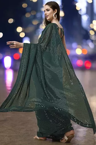 green georgette sequins work saree with unstitched blouse piece