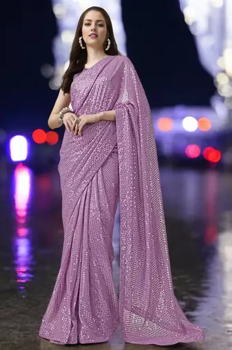 lavender georgette sequins work saree with unstitched blouse piece
