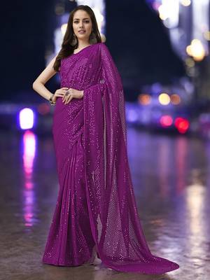 magenta georgette sequins work saree with unstitched blouse piece 1