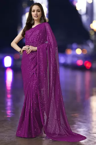 magenta georgette sequins work saree with unstitched blouse piece