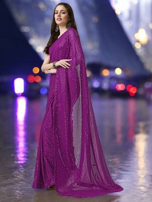 magenta georgette sequins work saree with unstitched blouse piece 2